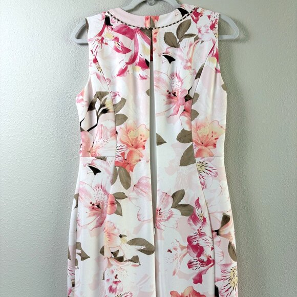 Calvin Klein Sheath Dress Women 12 Pink Floral Pearl Accent Neckline Sleeveless - Picture 4 of 12